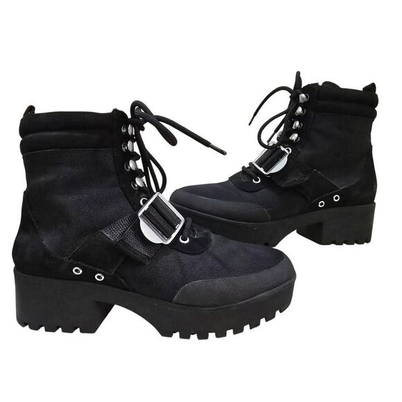 Steve Madden Women's Grady Lug-Sole Booties Black Lace Up Chunky Heels Size 9 - Picture 1 of 7